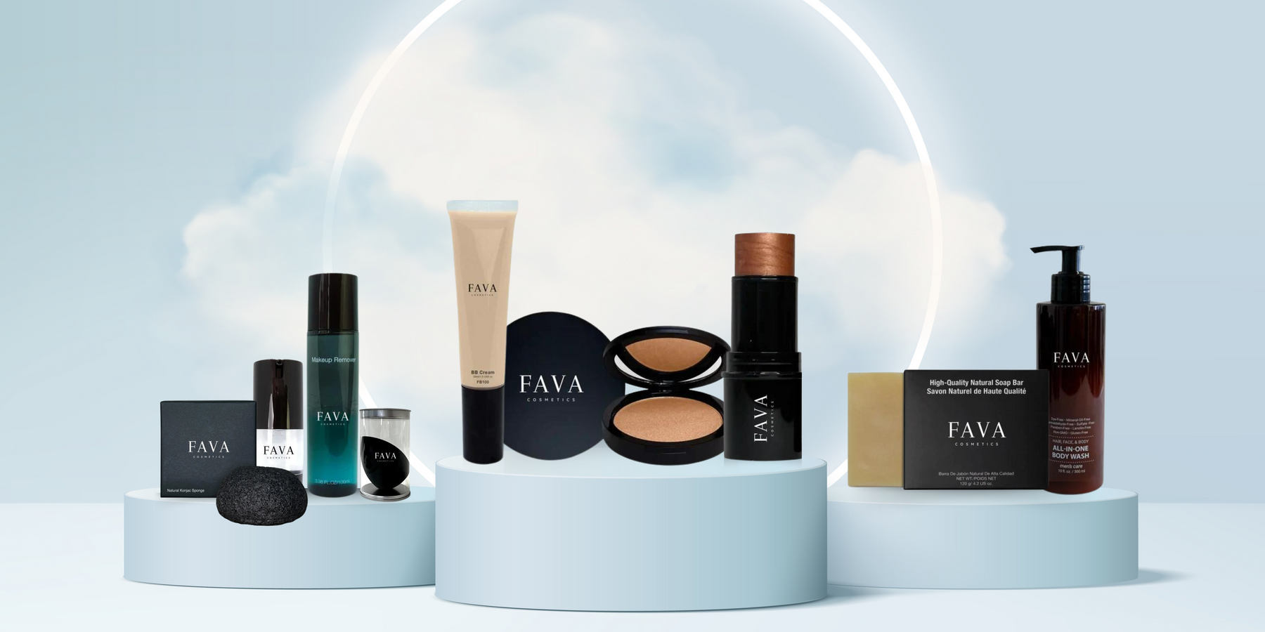 FAVA_COSMETICS 'Cosmetics Banner' featuring diverse skincare and makeup products, including moisturizers, serums, lipsticks, eyeshadows, and foundations. Sleek packaging and vibrant colors highlight the FAVA_COSMETICS logo, emphasizing high-quality, natural beauty solutions for diverse needs.